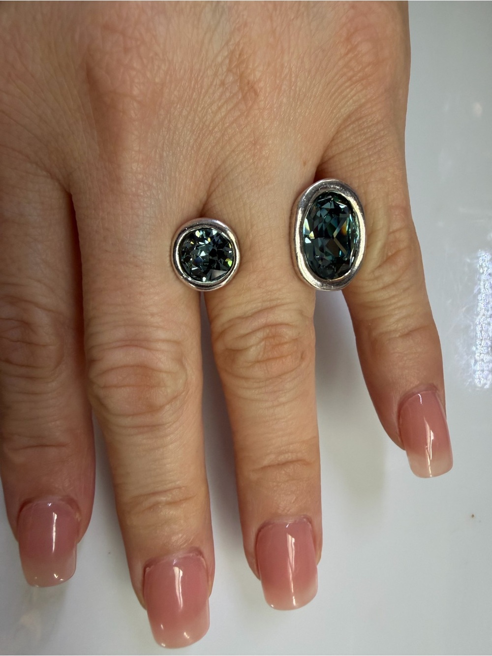 Silver Plated  Ring with Dark Teal Crystal - Women's Jewelry 6.5